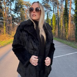 Black Rabbit Fur Jacket in Medium Size, Shiny Reflection, High Quality Fur, Soft and Stylish, Elegant and Warm Fur Jacket, Black Rabbit Fur