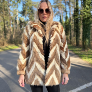 Colorful Beige White Mink Fur Coat with Hoodie, Medium Size, Real Mink Fur, Cross Mink Design, Soft and Thick Fur, Luxurious Unique Style