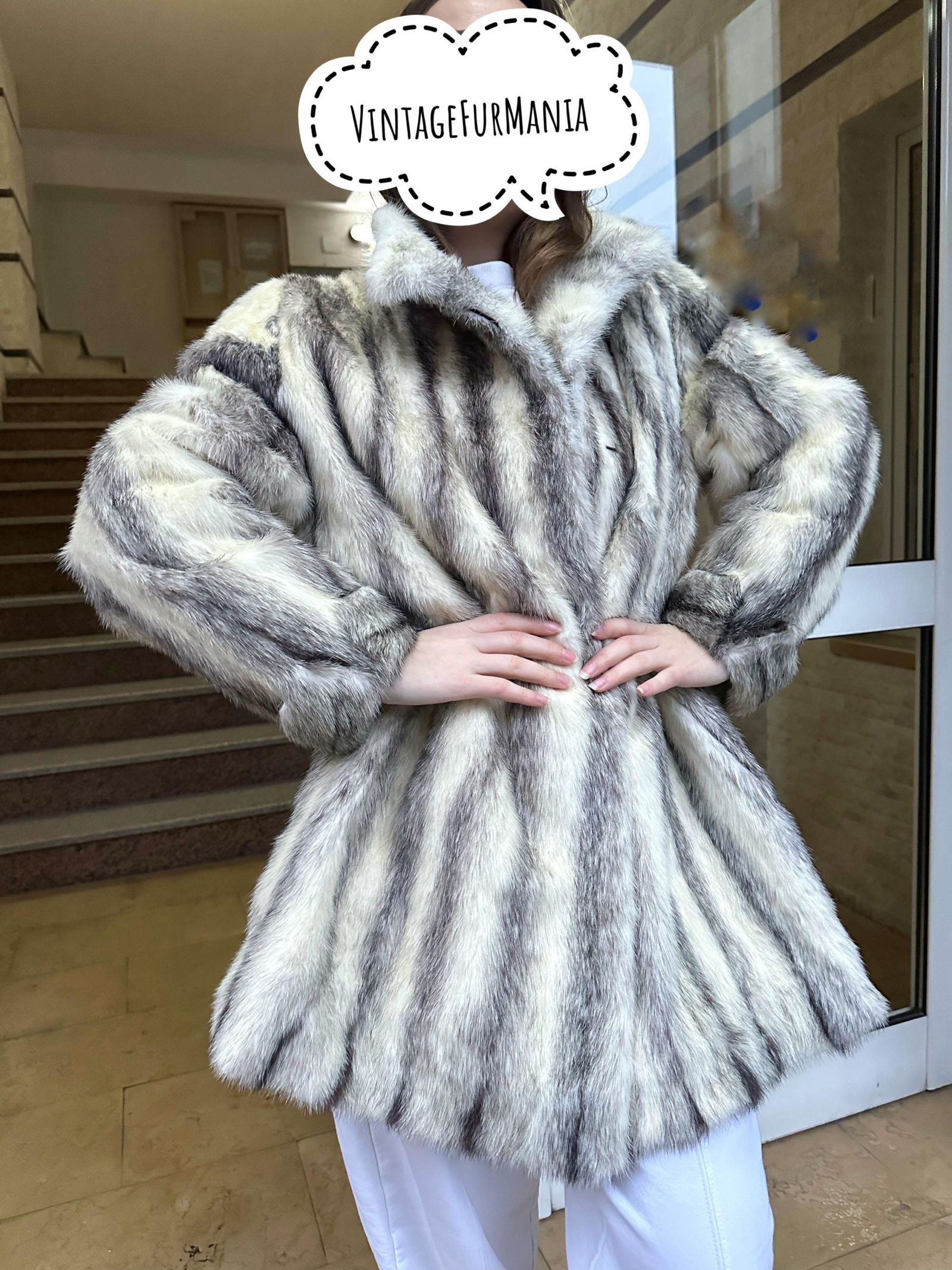 Cross Mink Fur Coat L/XL Size, Swinger Style, Real Mink Fur in White and Grey Design, Luxurious & Elegant, Vintage Fur Jacket, Real Mink