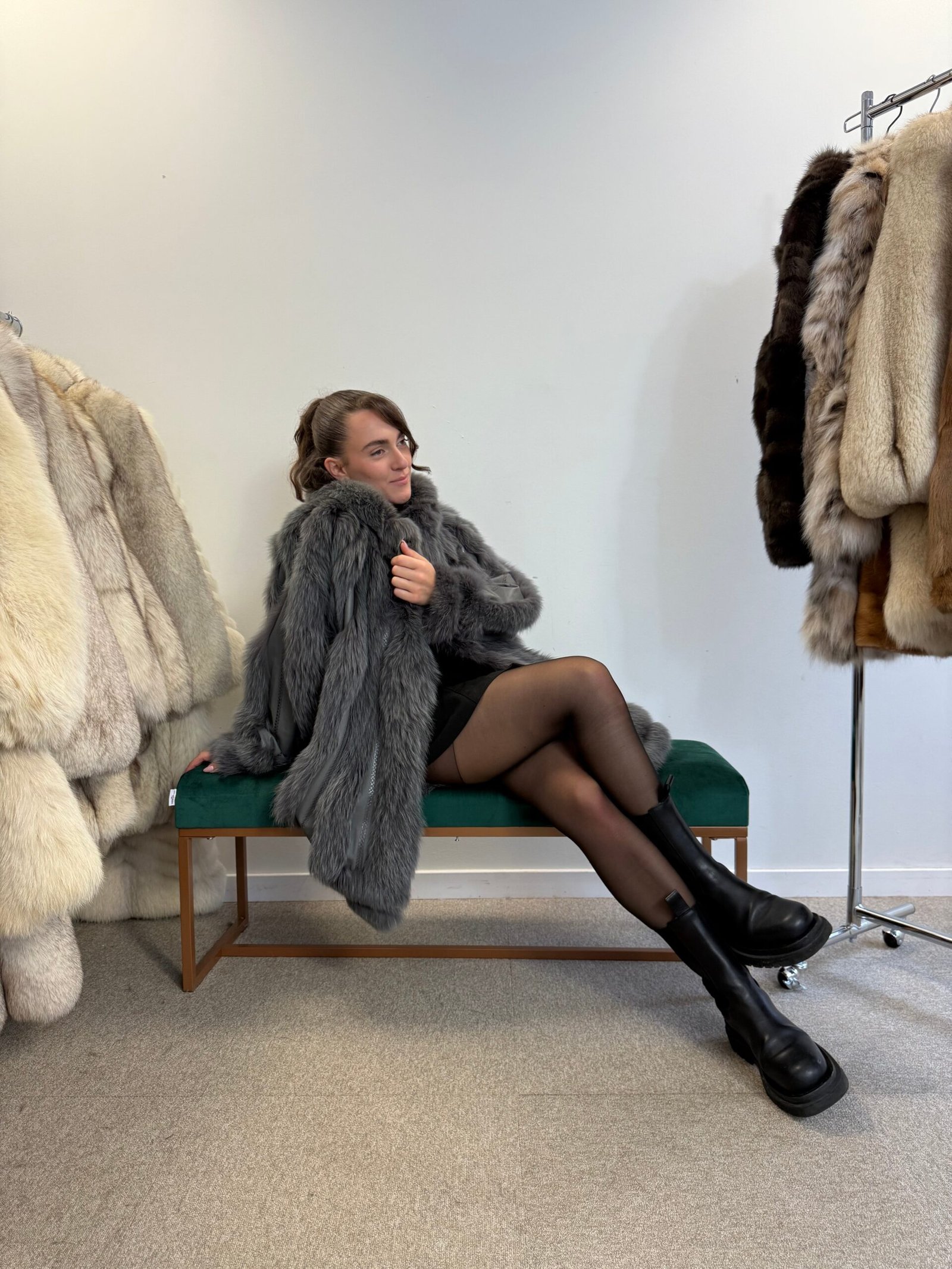 Blue Dyed Fox Fur Coat XL Size