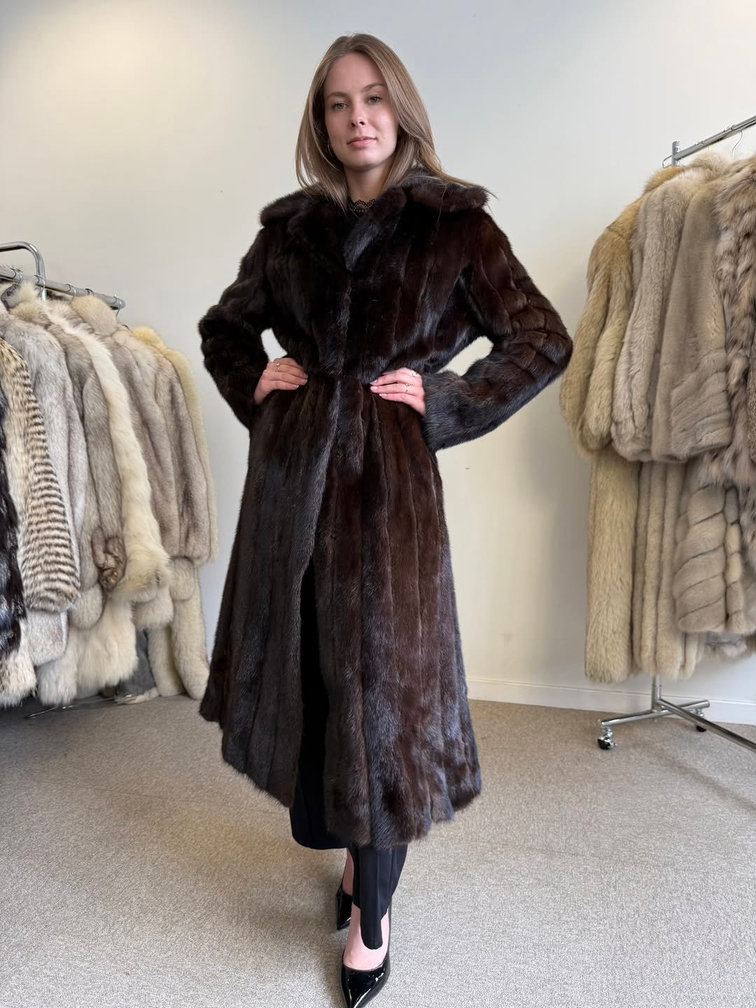Real Mink Fur Coat In Natural Brown Color From SAGA Brand