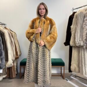 Real Grey Fox Fur Coat With Red Fox Fur. Grey Colors, Excellent Condition, High Fur Quality